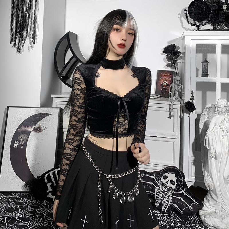 Gothic Vintage Ausgeschnittenes Samt T-Shirt Langarm zum Schnüren Crop Tops