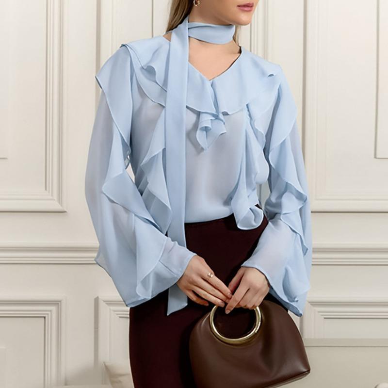 Talenza Casual Ribbon Shirt Summer Ruffle Long Sleeve Loose Office Lady Shirt Top Solid See Through V-Neck Pullover Women Blouse