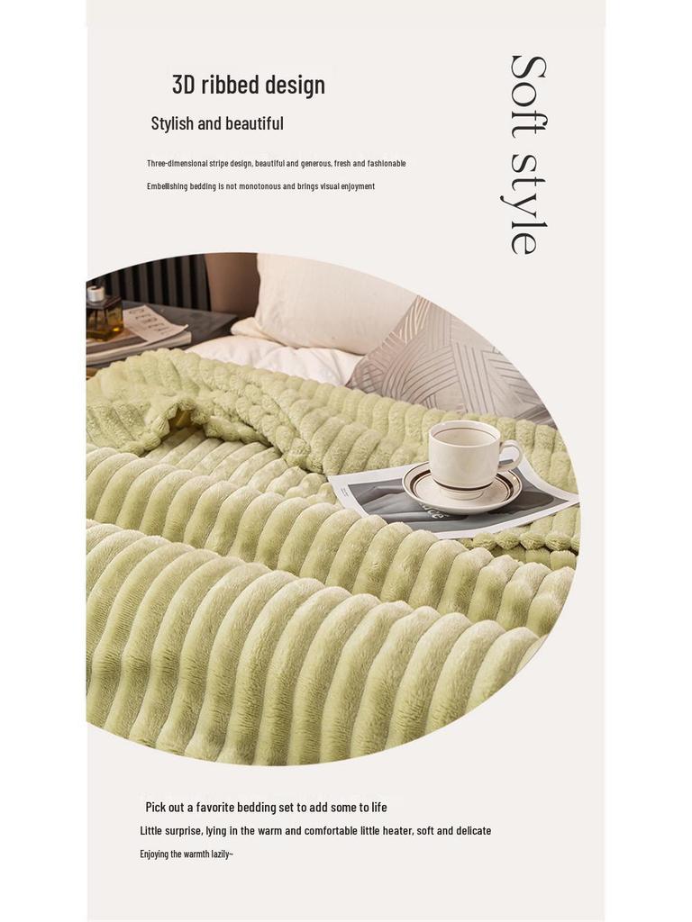 Thickened Plush Blanket - Wide Stripe, Grid Cut, Imitation Rabbit Fur, Small Flannel Blanket, Machine Washable