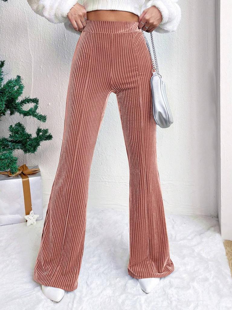 Ladies, High Waisted, Corduroy, Flared Pants, Solid Color, Casual Pants, Wide Leg Pants, Long Pants