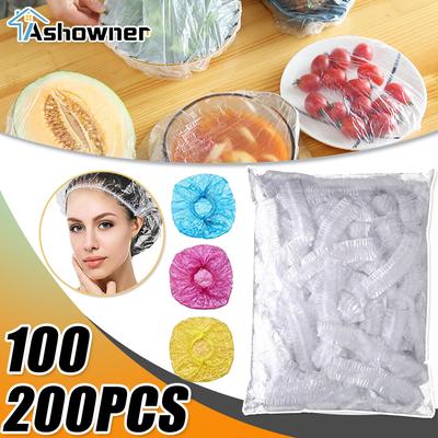100/200pcs Disposable Shower Cap Elastic Plastic Wrap Covers Food Non-woven Bath Hat Waterproof Shower Cap Kitchen Accessories