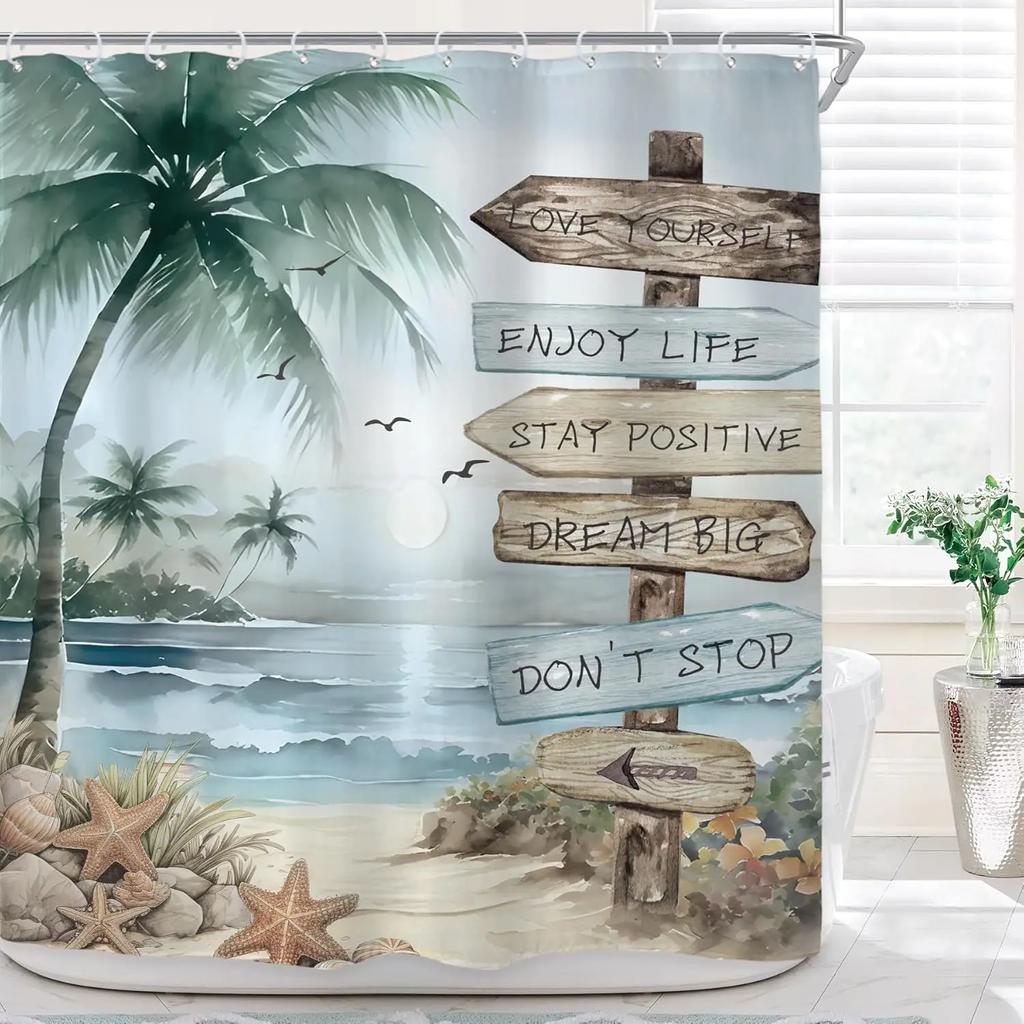 Ins Tropical Beach Palm Tree Shower Curtain Bathroom Decoration Coastal Sunset Landscape Art Waterproof Shower Curtain