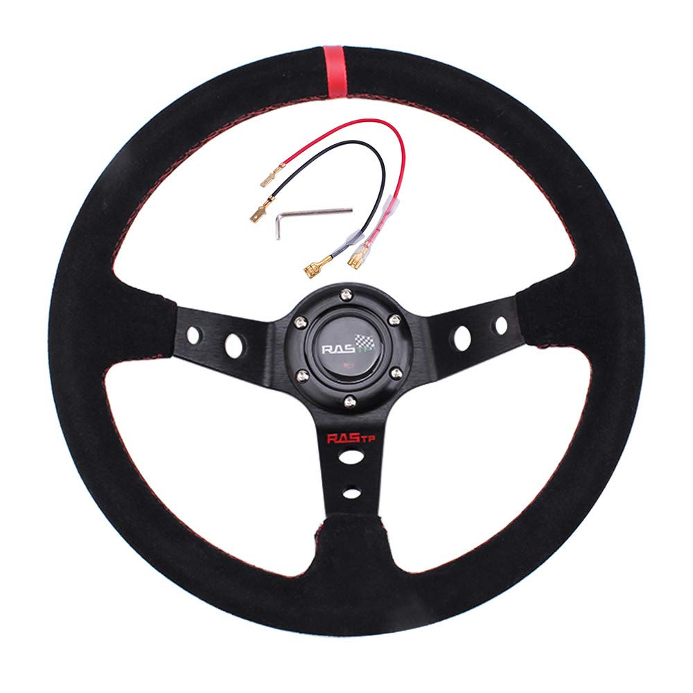 

MUTEKI 350mm Diameter Lightweight Aluminum Leather Steering Wheel Replacement for Deep Leather with Horn Universal Fit 2 Cars, Cone, Embroidery,
