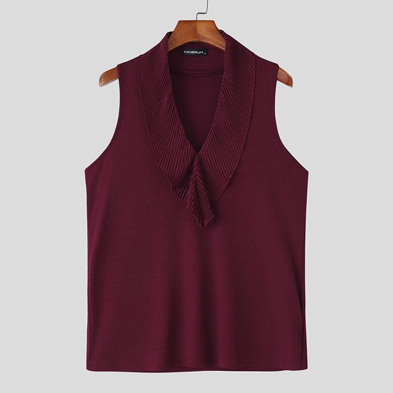 

INCERUN Men V Neck Sleeveless Ruffled Casual Texture Tank Tops 5XL