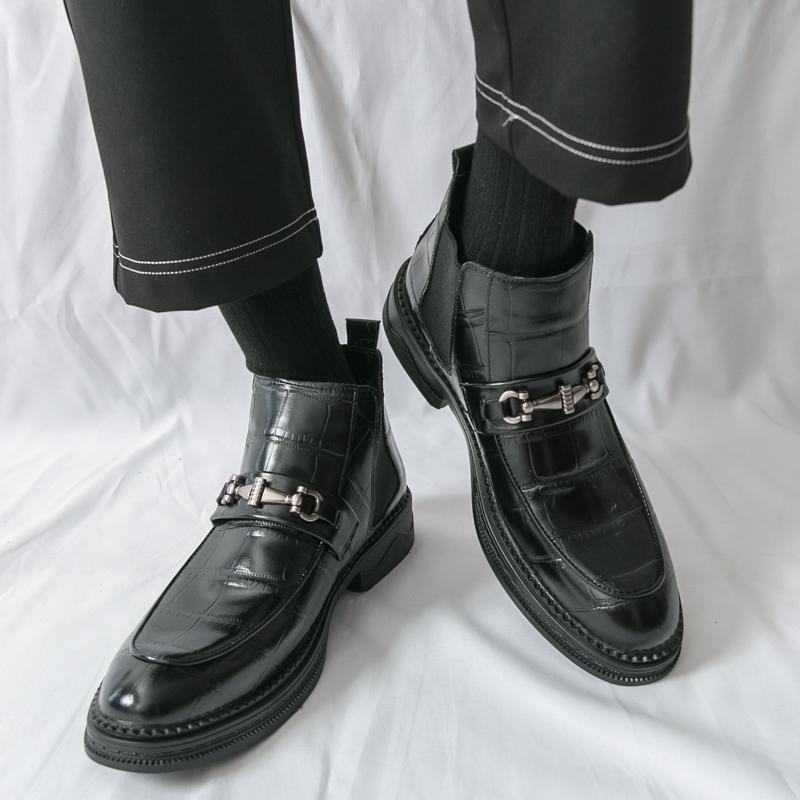 Fashion 2025 New Men's Solid Color Crocodile Print Leather High-Quality Ankle Boots Comfortable Retro Metal Buckle Business Casual Shoes