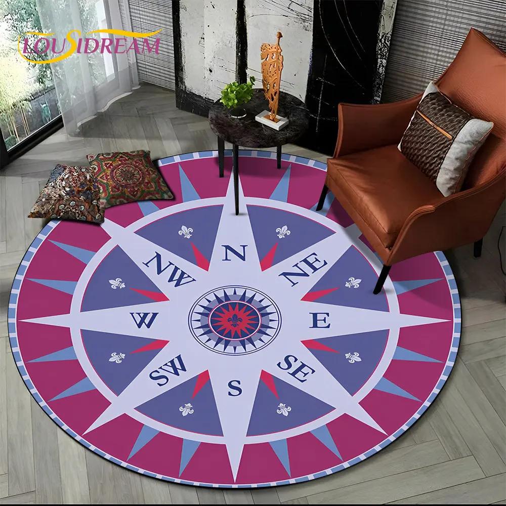 3D Retro Kompass Serie Kreis Teppich,Runder Teppich für Wohnzimmer Schlafzimmer Sofa Fußmatte Dekor Rutschfeste Bodenmatte Geschenk
