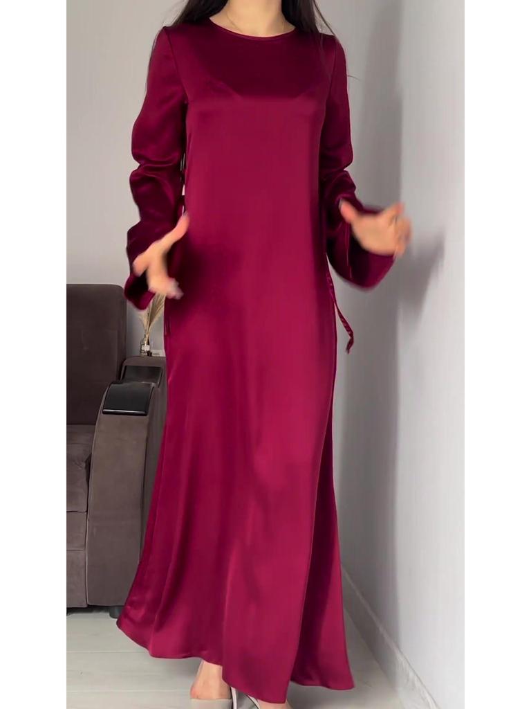 2024 Spring Slimming Waist Tie Solid Color Long Sleeve Maxi Dress