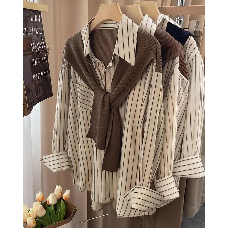 

Spring Autumn Fake Two-piece Women s Shirt Brown Kintted Shawl Back Vertical Stripe Shirt Blouse French Style Women s Shirt XS хакі