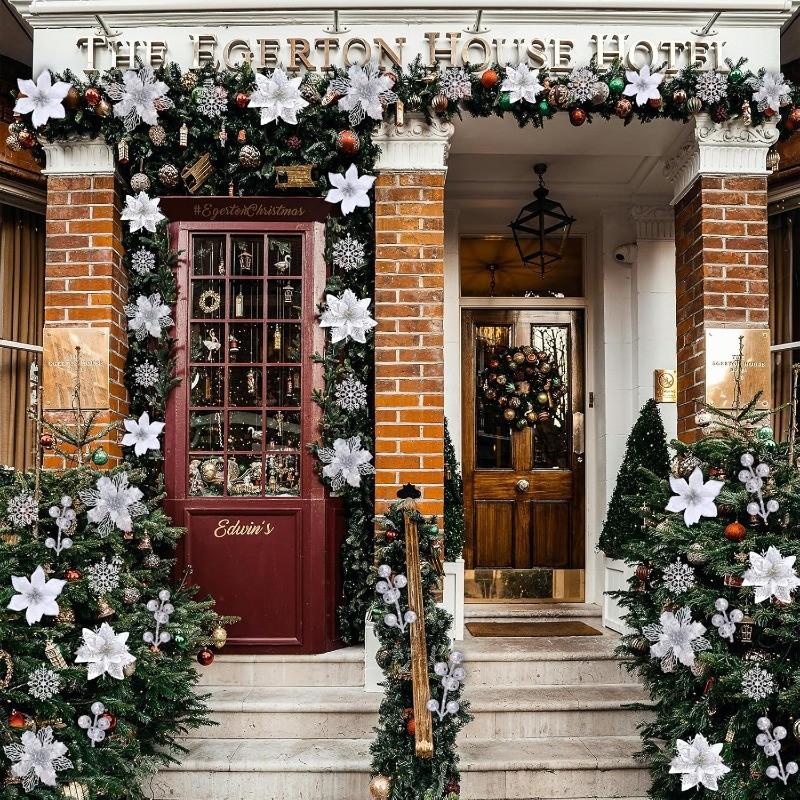 White Christmas Tree Decorations Artificial Flowers Ornaments Berry Stems Hanging Snowflakes for Xmas Tree Party Holiday Decor