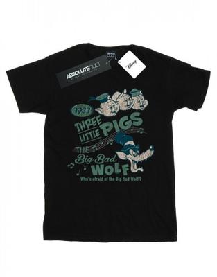 Damen-/Damen-Boyfriend-T-Shirt aus Baumwolle mit drei kleinen Schweinchen, die Angst vor dem großen bösen Wolf haben