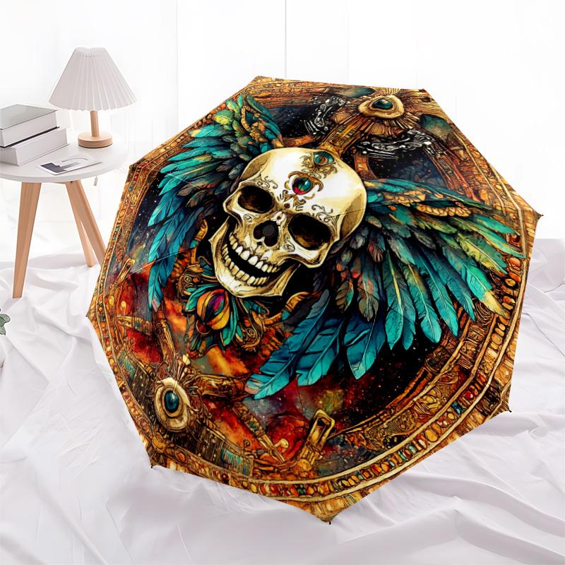 

0106 Skull with Colorful Wings pattern, automatic folding umbrella, portable and foldable design, 8 ribs, a Christmas or birthday gift.
