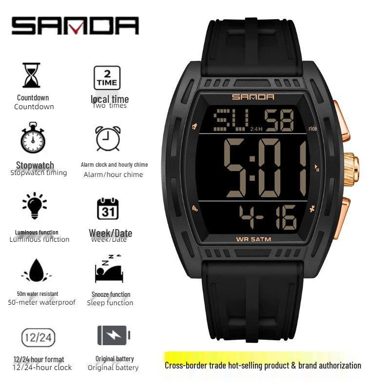 SANDA Men's Multifunctional Dual Time Waterproof Sport Watch - Fashion Tonneau Shape with Snooze Feature