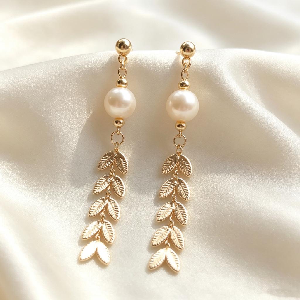 Natural Freshwater Pearl Earrings for Women, Korean Leaf Long Tassel, Simple Vintage Design, High-end Wheat Earrings
