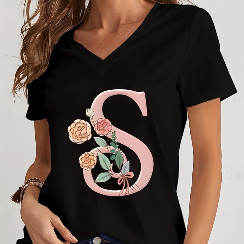 Cartoon Alphabet Flower Graphic Tee Womens Clothing Pink Flower Alphabet Gift Tshirt FeUnisex Vintage 26 Initials Flower Tshirt