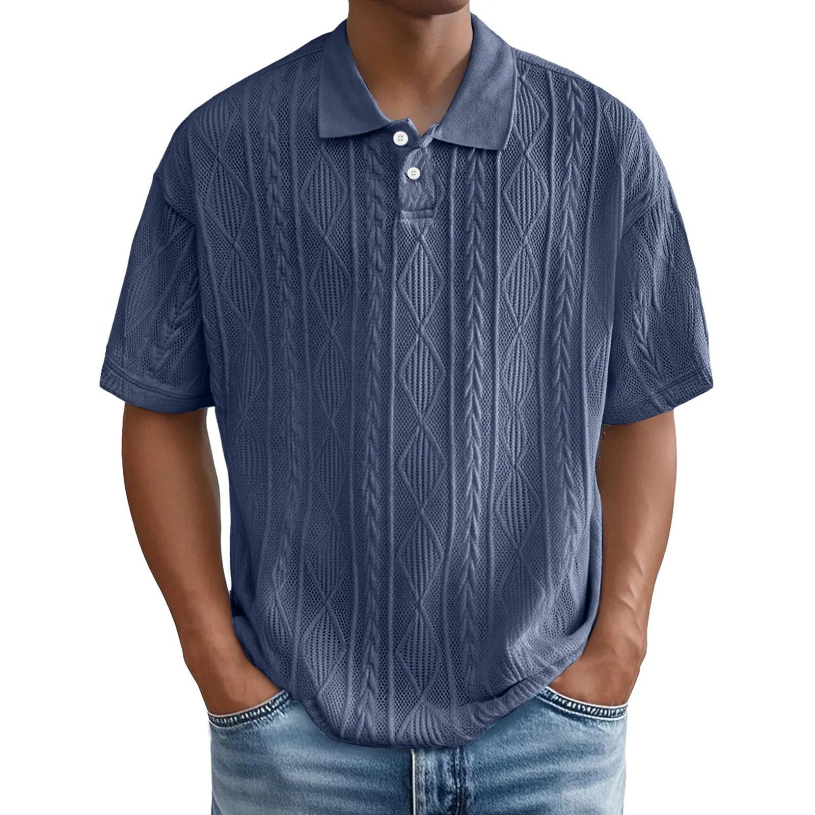 Relaxed-textured Shirt With Retro Collar, Breathable Men s Short-sleeve T-shirt XXXL