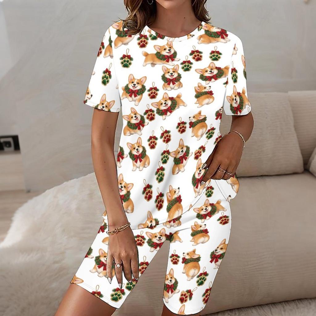 Women Plus Size Round Neck Short Sleeve Printed Longline Top Fitted Shorts Two Piece Pajama Set