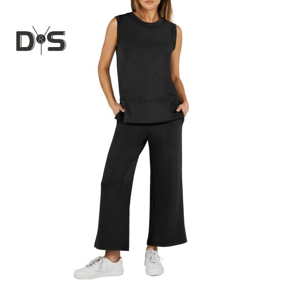 

Комплект из 2 предметов: женский топ и брюки, однотонный, круглый вырез, без рукавов, разрезы по бокам, свободный жилет, широкие брюки, боковые карманы, повседневная одежда, наряд для поездок на работу и отдыха M чёрный
