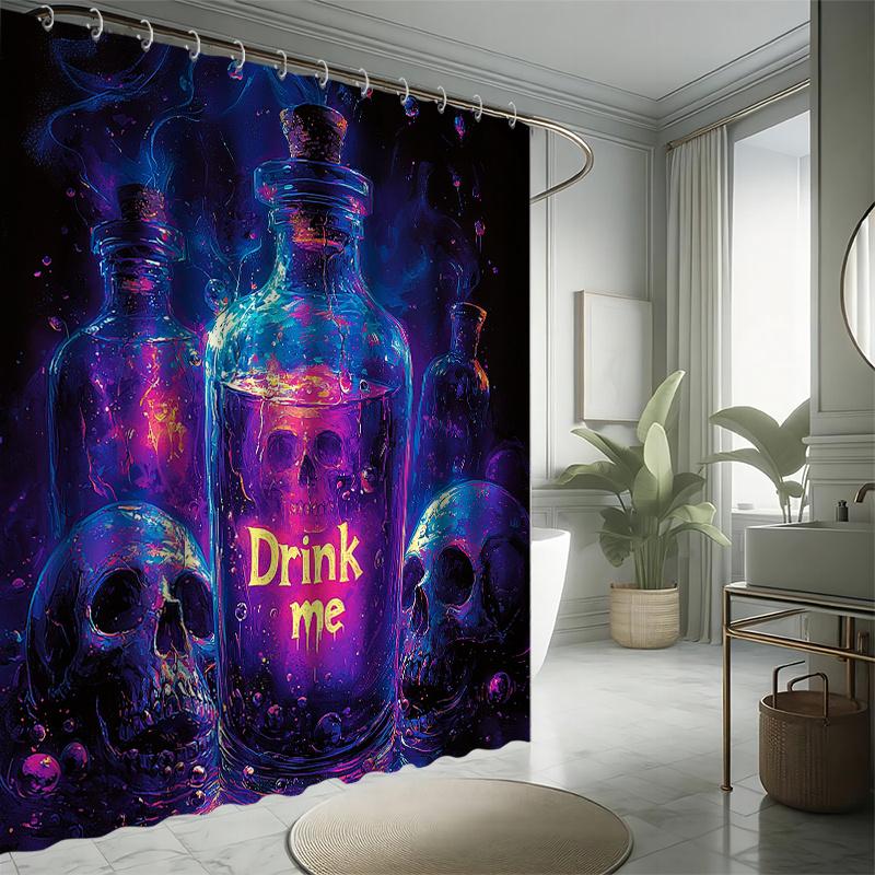 Fantasy Skull Shower Curtain Set - Gothic Potion And Skull Design, Polyester, Non-Slip Bath Mat, Toilet Seat Cover, U-Shaped Rug