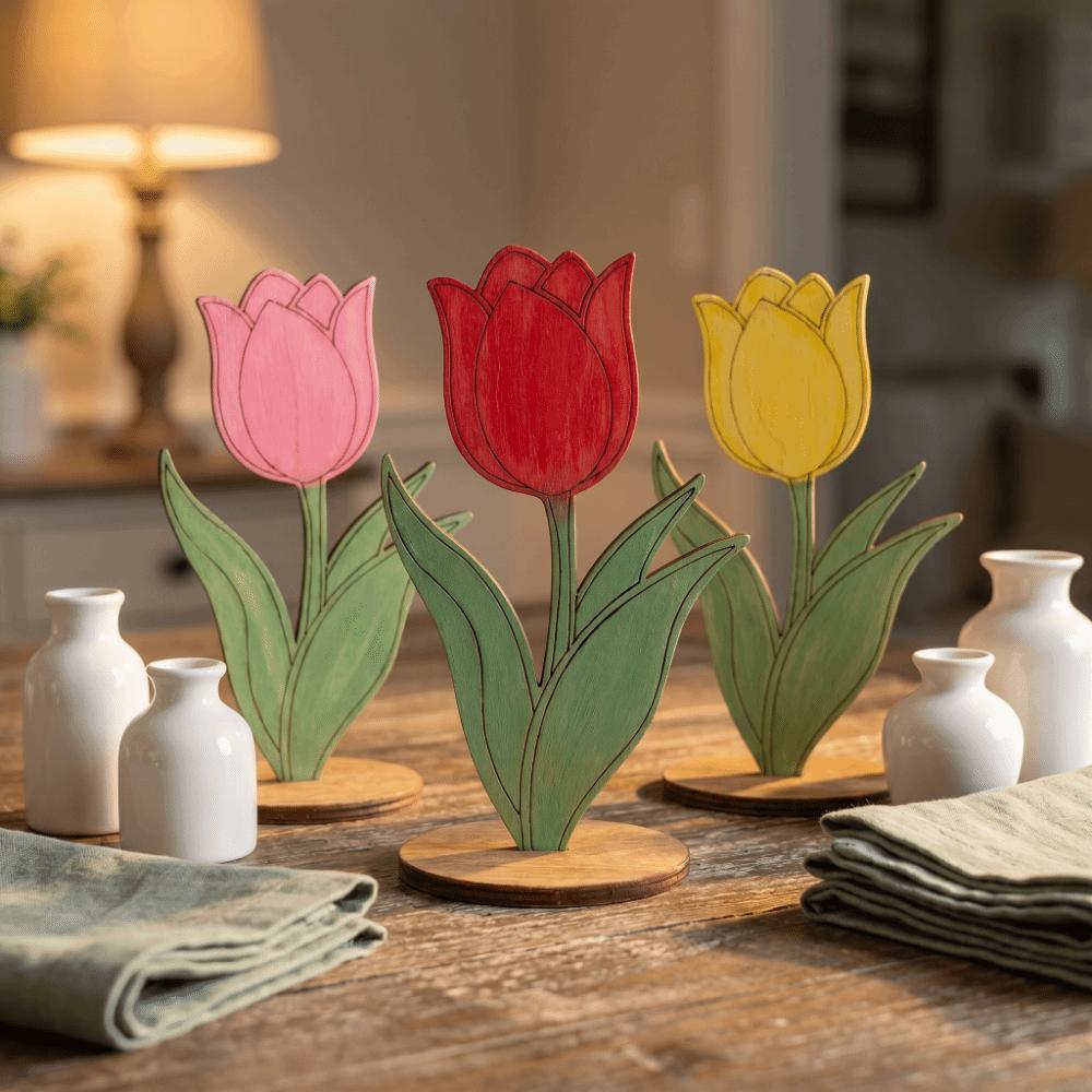 10 PCS DIY Wooden Flower Ornament Funny Decoration Tulip Painting Crafts Creative Parent-child Interaction Wooden Rose Chips