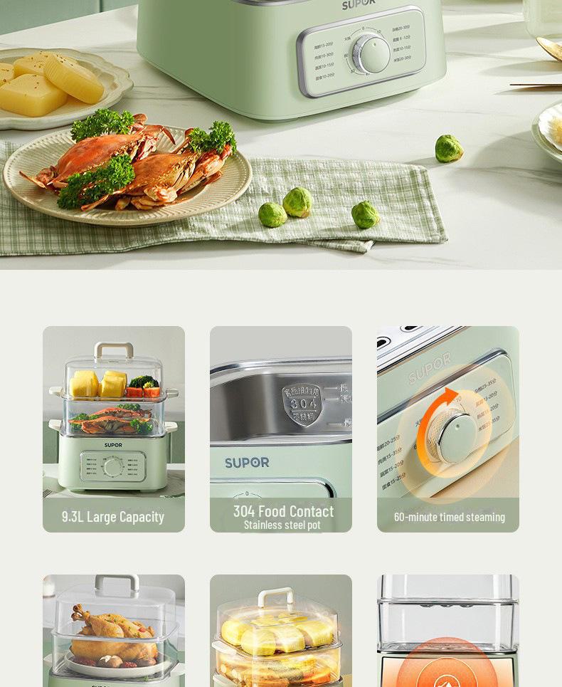 Supor ZN23FK930 Stainless Steel Three-Layer Electric Steamer with Visible Grid and Large Capacity.