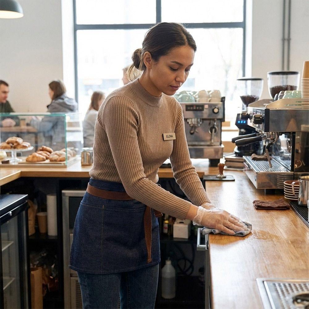 Arbeitskleidung Baumwolle Denim Denim Schürze Mehrere Taschen Unisex Denim Halb-Schürze Kurze Schürze Restaurantpersonal