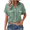 Womens Summer Fashion Color Lapel Casual Button Pocket Short Sleeved Shirt Top