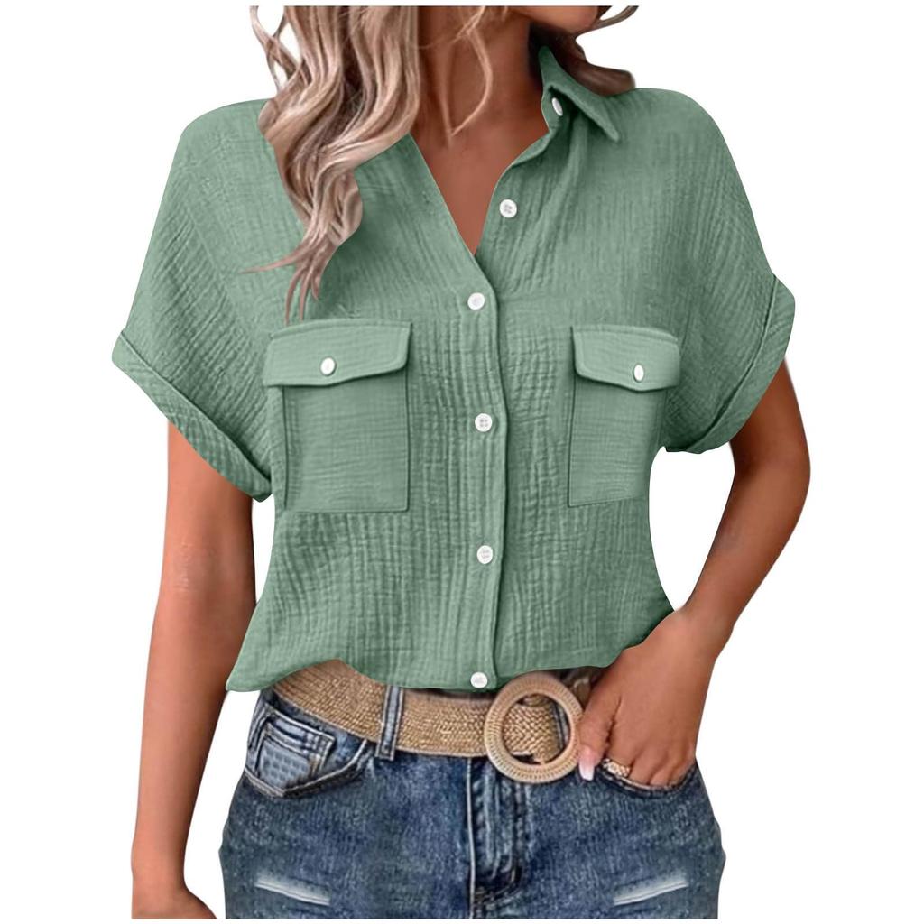 Womens Summer Fashion Color Lapel Casual Button Pocket Short Sleeved Shirt Top