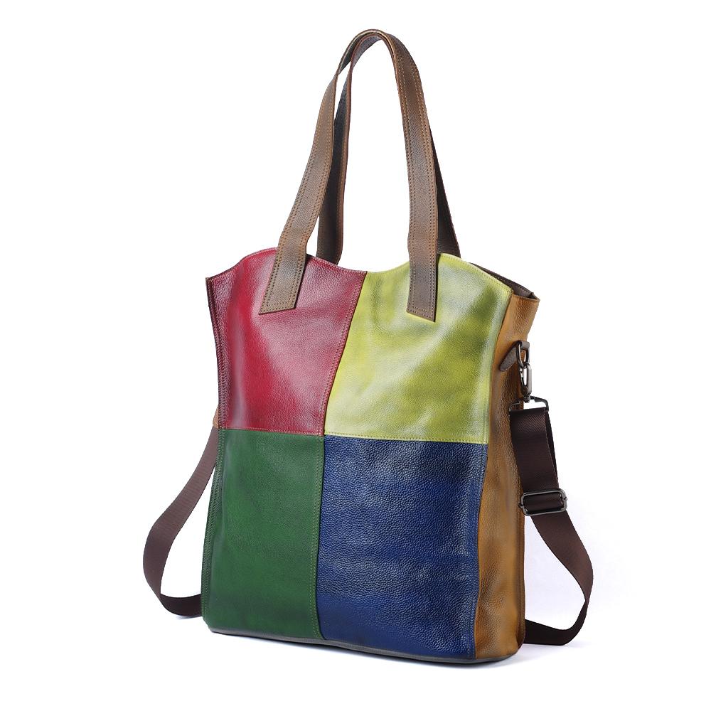 Umhängetasche aus echtem Leder im Retro-Stil für Damen, kontrastfarbene karierte Tasche mit großem Fassungsvermögen, lässig, bunte Nähte