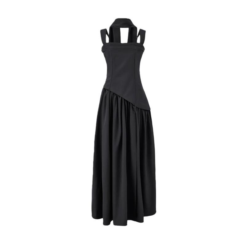 European and American style scarf suspender dress female design sense sexy high split splicing waist fold big swing dress