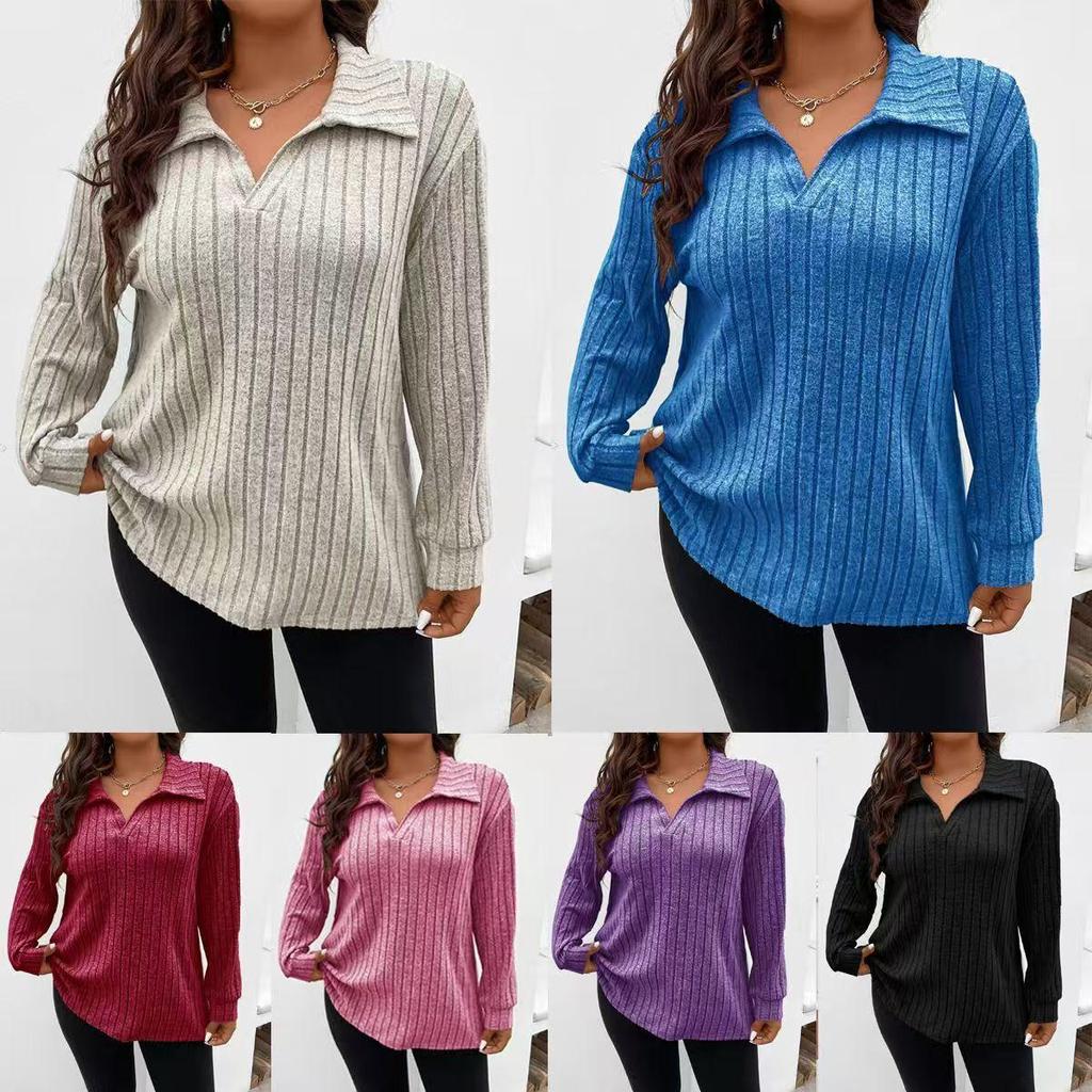 2026 Autumn/Winter Women's Plus Size V-Neck Long Sleeve Ribbed T-shirt