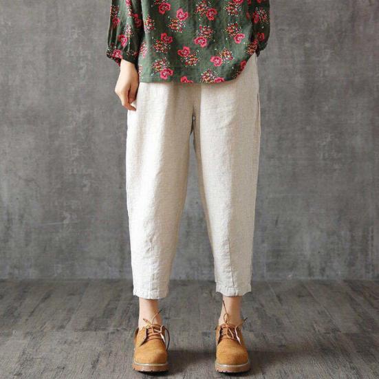 Women Spring High Waist Solid Color Pockets Loose Trousers Ninth Harem Pants