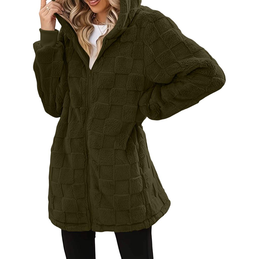 Women's Fashionable Casual Warm Thick Checkered Plush Mid-length Elegant Button And Zipper Cardigan Coat