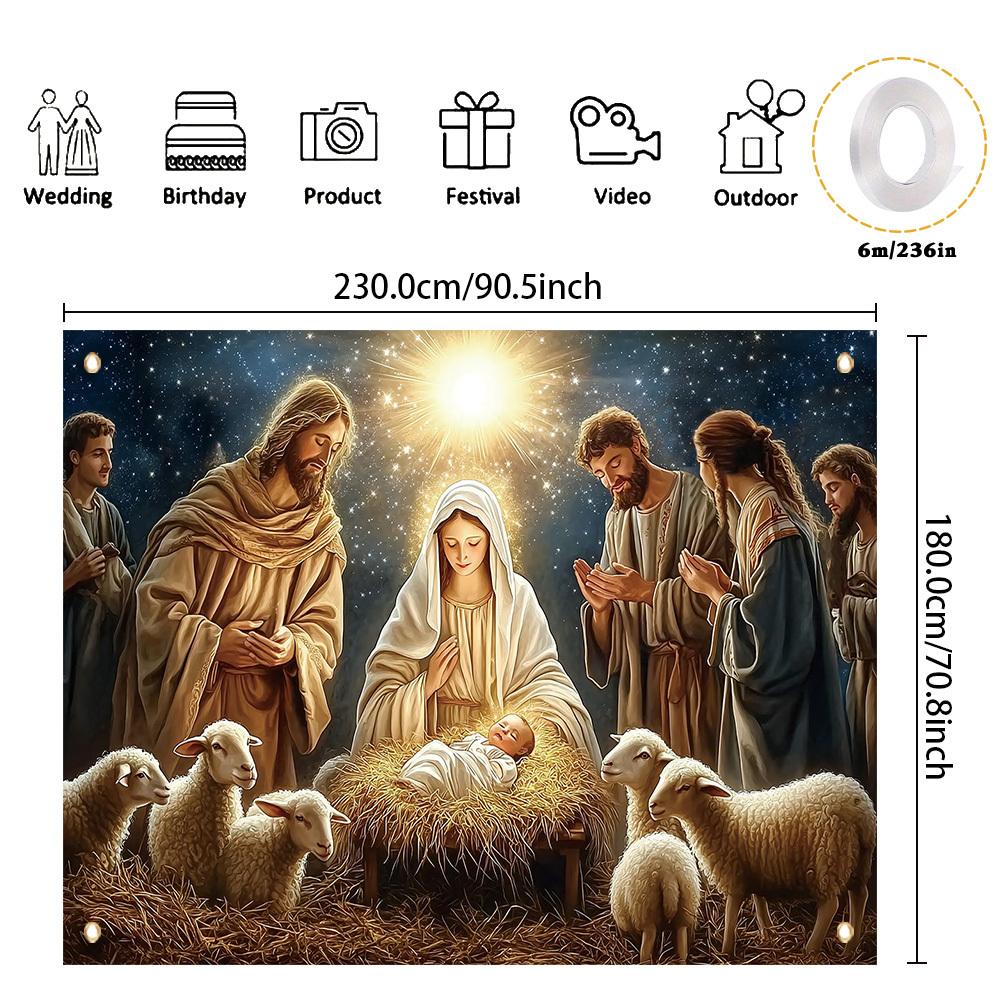 2D Flat Banner 1 Piece Christmas-themed Background Fabric Nativity Sheep Pattern Party Banner Polyester