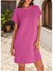 2026 Women's Solid Color Round Neck Short Sleeve Pocket Dress with Rolled Cuff