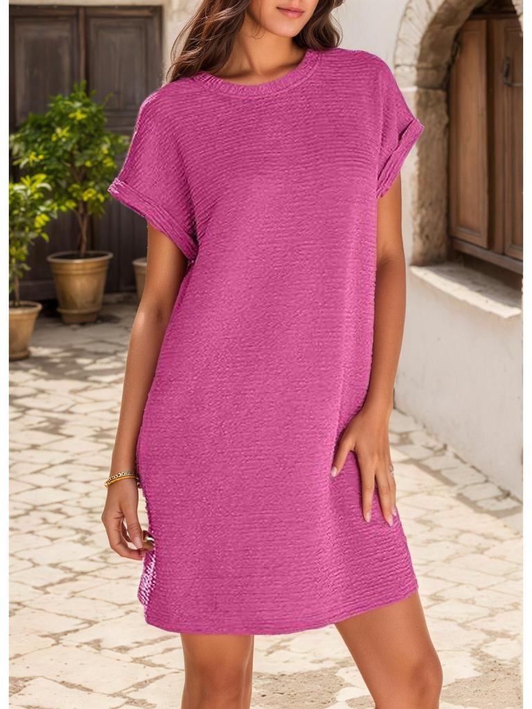 2026 Women's Solid Color Round Neck Short Sleeve Pocket Dress with Rolled Cuff