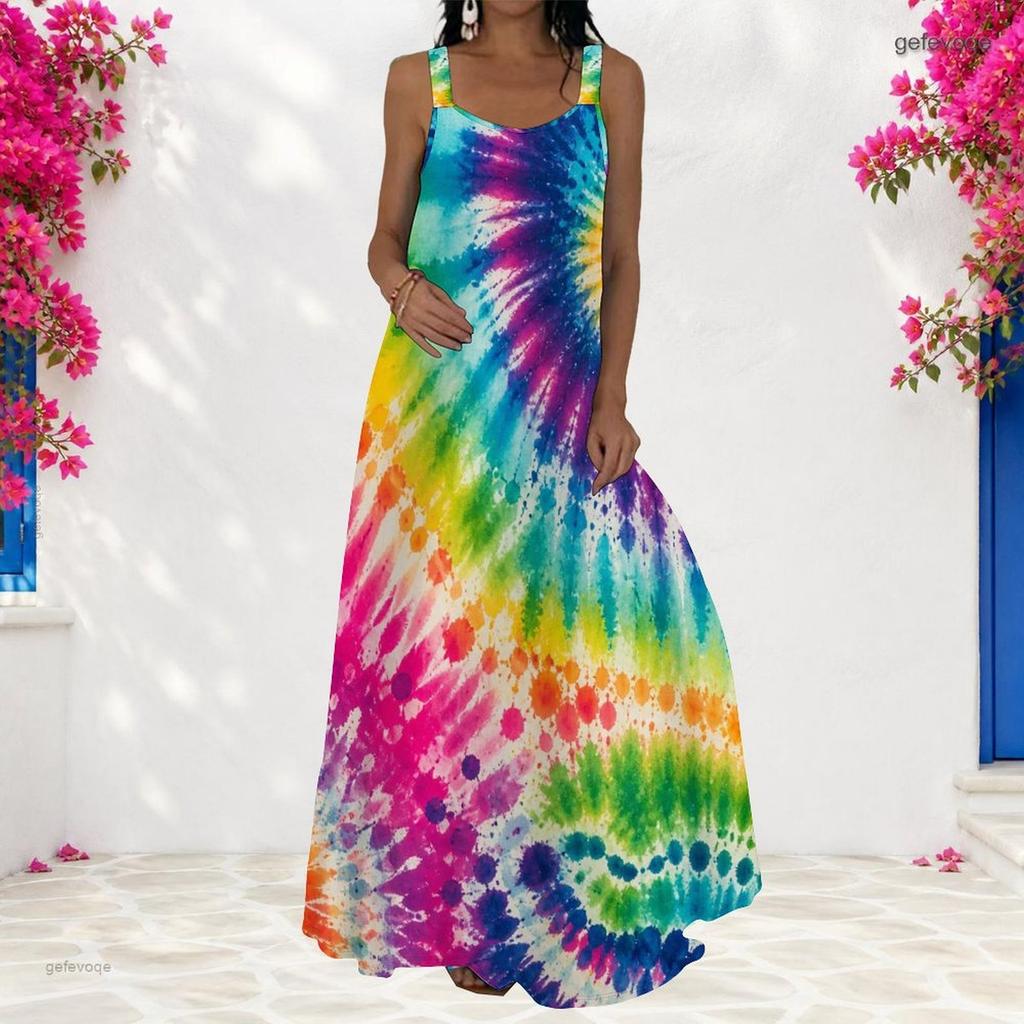 Women Plus Size Scoop Neck Strappy Sleeveless Colorful Printed A Line Maxi Dress