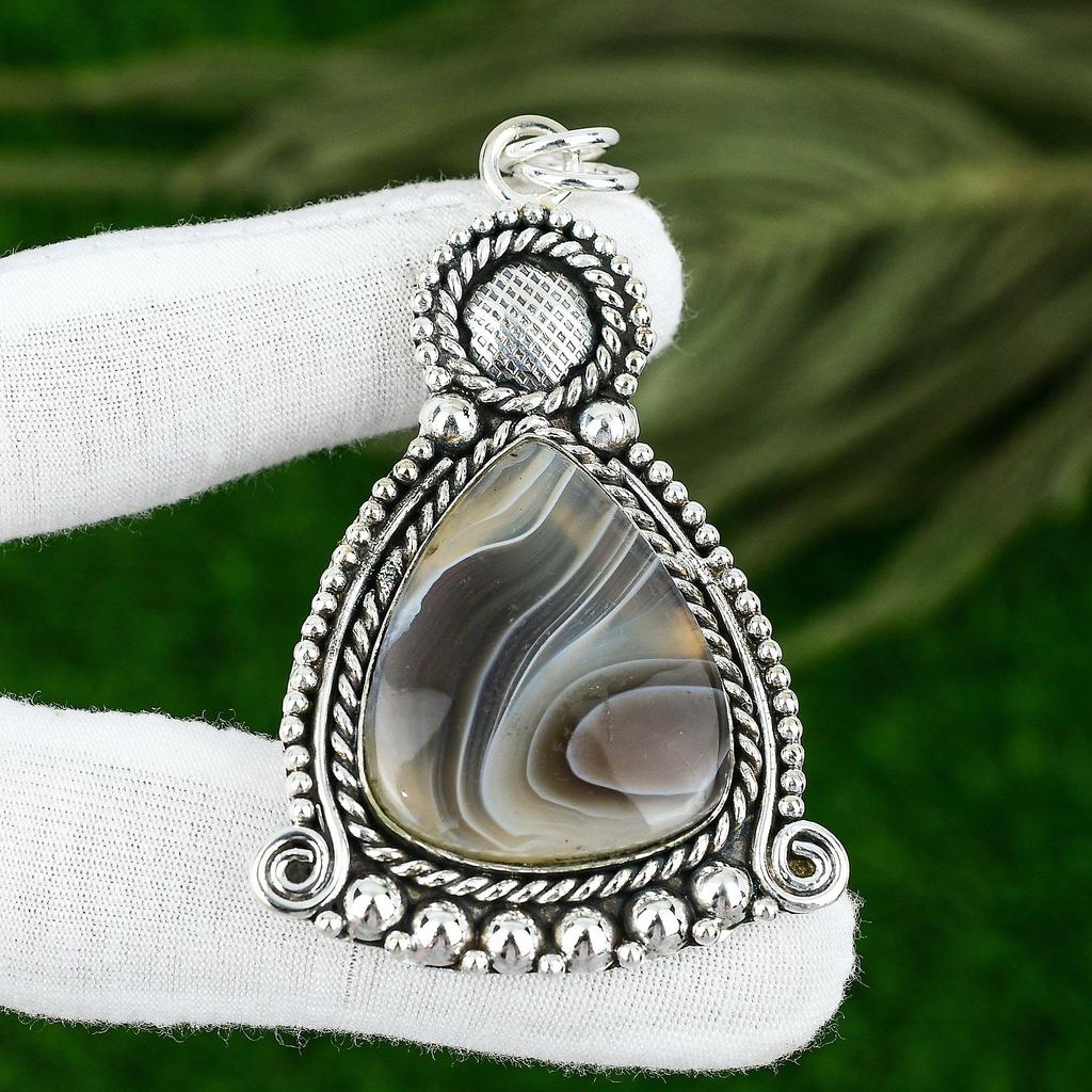 Sterling Silver Pear Botswana Agate Gemstone Wife Bezel Handmade Pendant Jewelry
