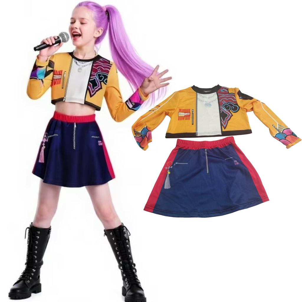 Film K-Pop Rumi Mira Zoey Demon Hunters Costume Cosplay Bambini Ragazze Halloween Palco Stampato 3D Huntrix Dorato Abbigliamento Role Play