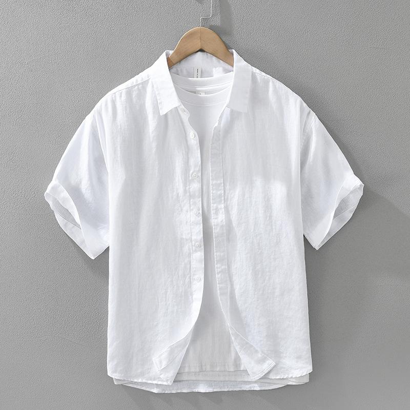 

Japanese Style Pure Linen Shirt Short Sleeved Men s Casual Shirt Beach Summer Tops for Man Breathable Button Shirt M белый