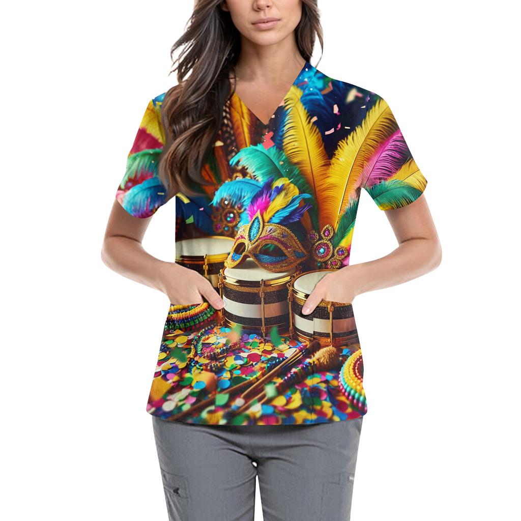 Women's  Carnival Themed Outfit Party Mask Pattern Caregiver Top