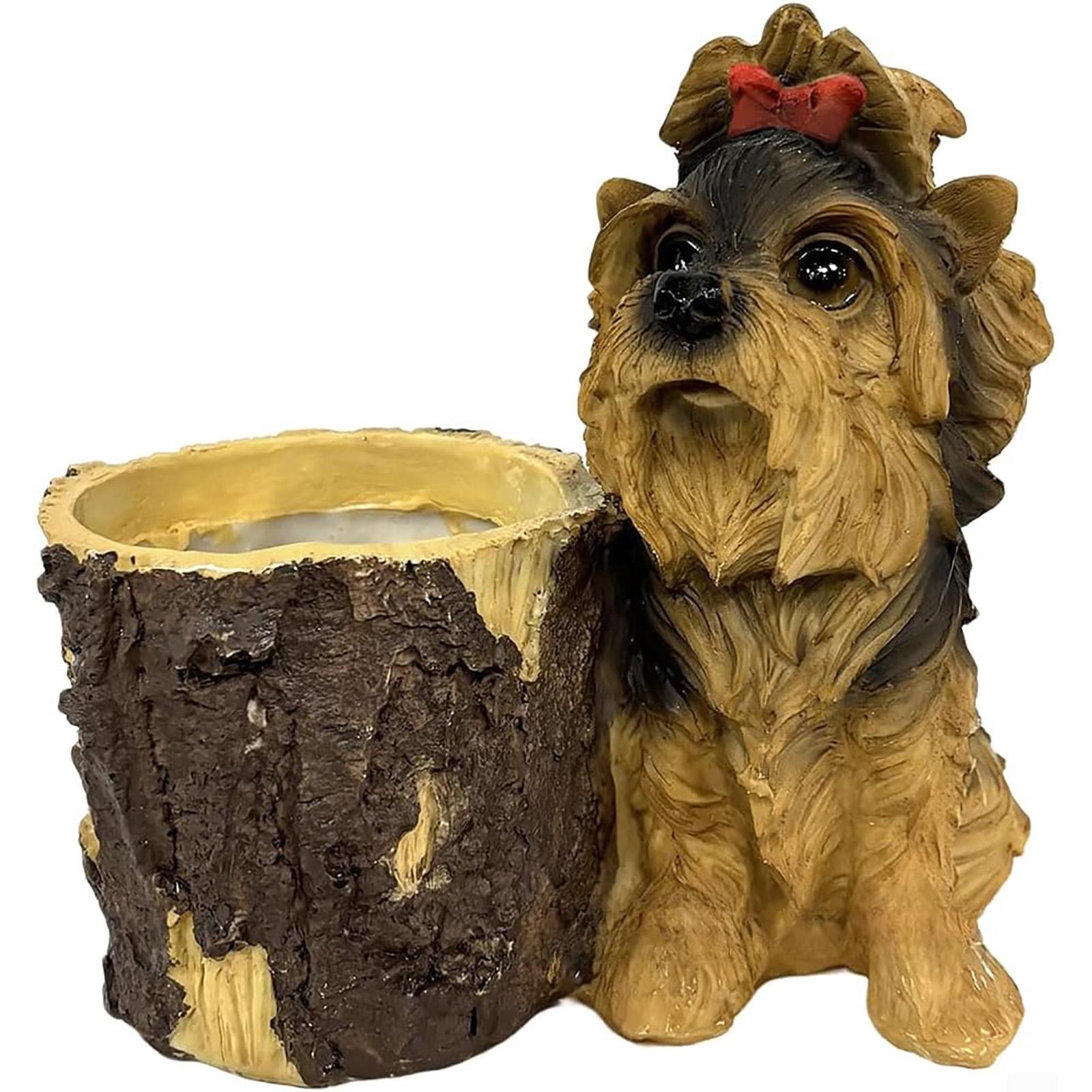 

Dog Figurine with Barrel Planter Resin Decorative Sculpture for Indoor Outdoor Garden Home Office Desk Display One Size коричневий