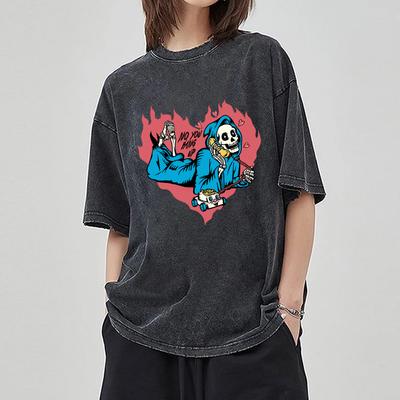 Hand Painted Love Skull Print Women's T-Shirt Washed Cotton Short Sleeve Loose Large Size Unisex Top Spoof Retro Style Wear Men