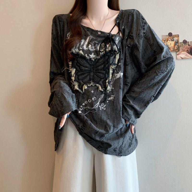 

Plus Size Asymmetrical Neck Long Sleeve Drawstring T-Shirt - Flaw-Hiding Loose Fit for Autumn 2XL [141-160 lbs] сірий колір