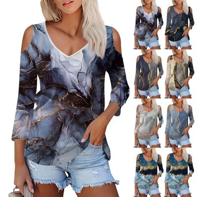 Women's Summer Fashion Casual Color Printed Strapless V-Neck Seven Sleeve T-Shirt Top