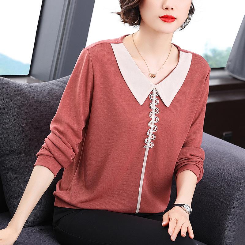 Mom's new lapel shirt loose women's top temperament middle-aged and elderly foreign style long-sleeved t-shirt women