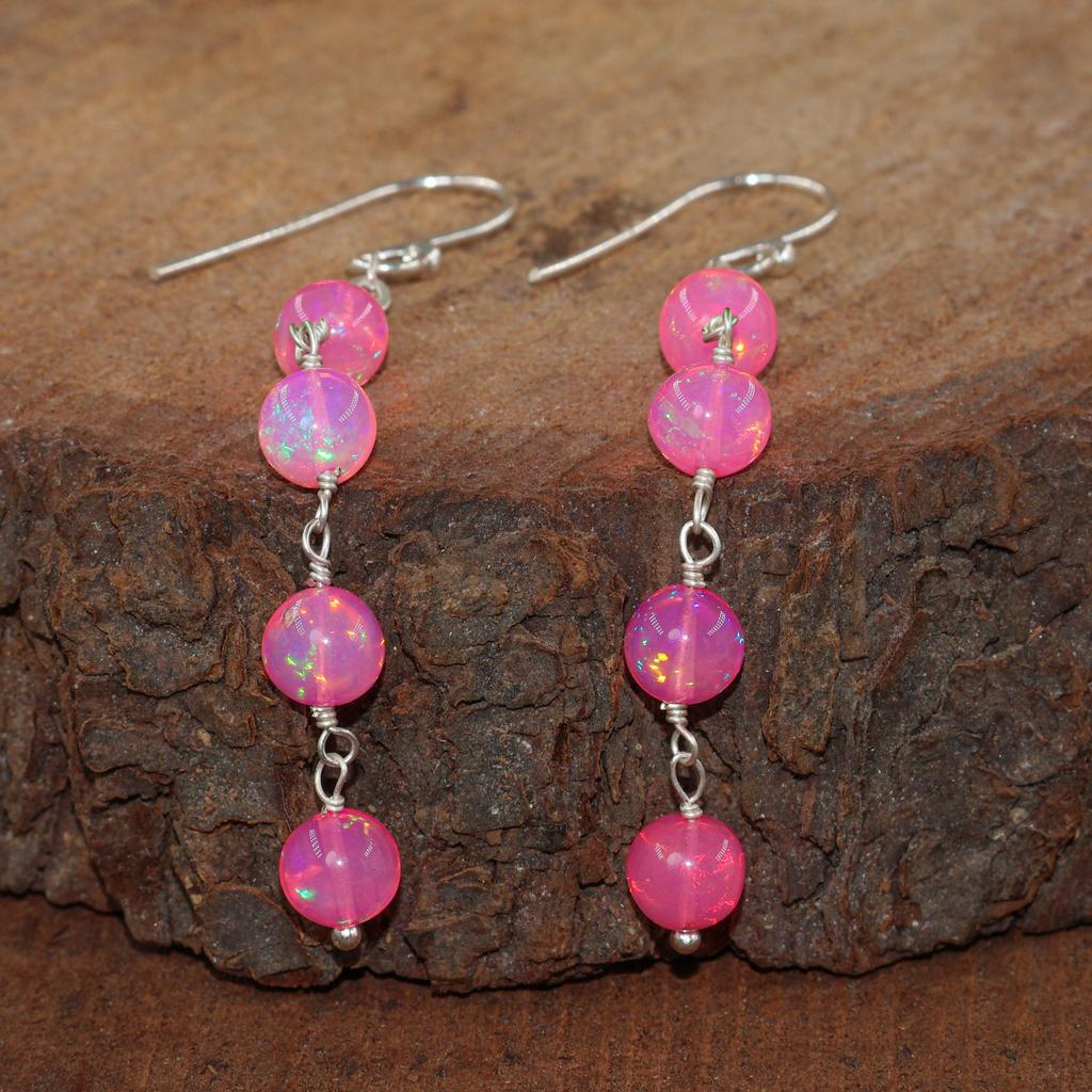 Natural Pink Opal Gemstone Dangle Earring, Multifire Opal Round Beads Earrings, Fire Opal Smooth Beads Earring for Her, Handmade Earrings