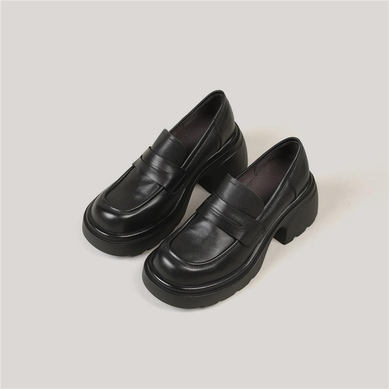 Platform muffin one-pedal loafers women's retro British black versatile small leather shoes single shoes thick heel loafers