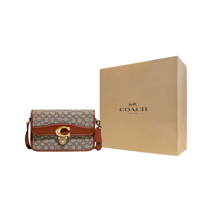 Coach Studio 25 Flap Lock Adjustable Shoulder Strap Jacquard And Glove Tanned Leather Shoulder Bag Crossbody Bag Medium Women Shoulder Bag C7933-B4TA7