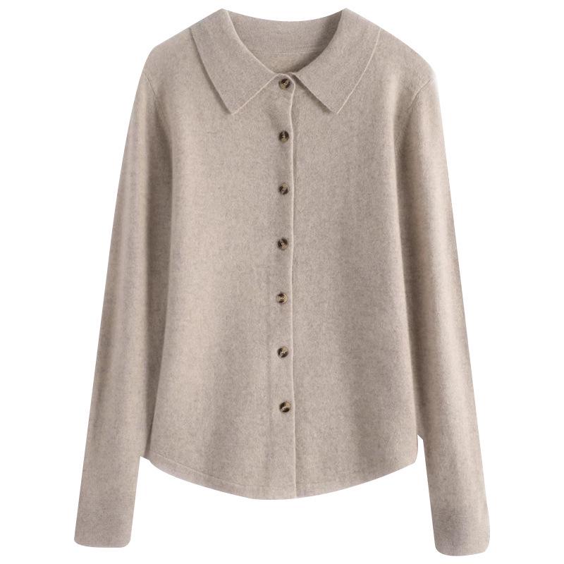 Women's Long Sleeve Pure Wool Knit Cardigan with Polo Collar - Autumn/Winter Edition