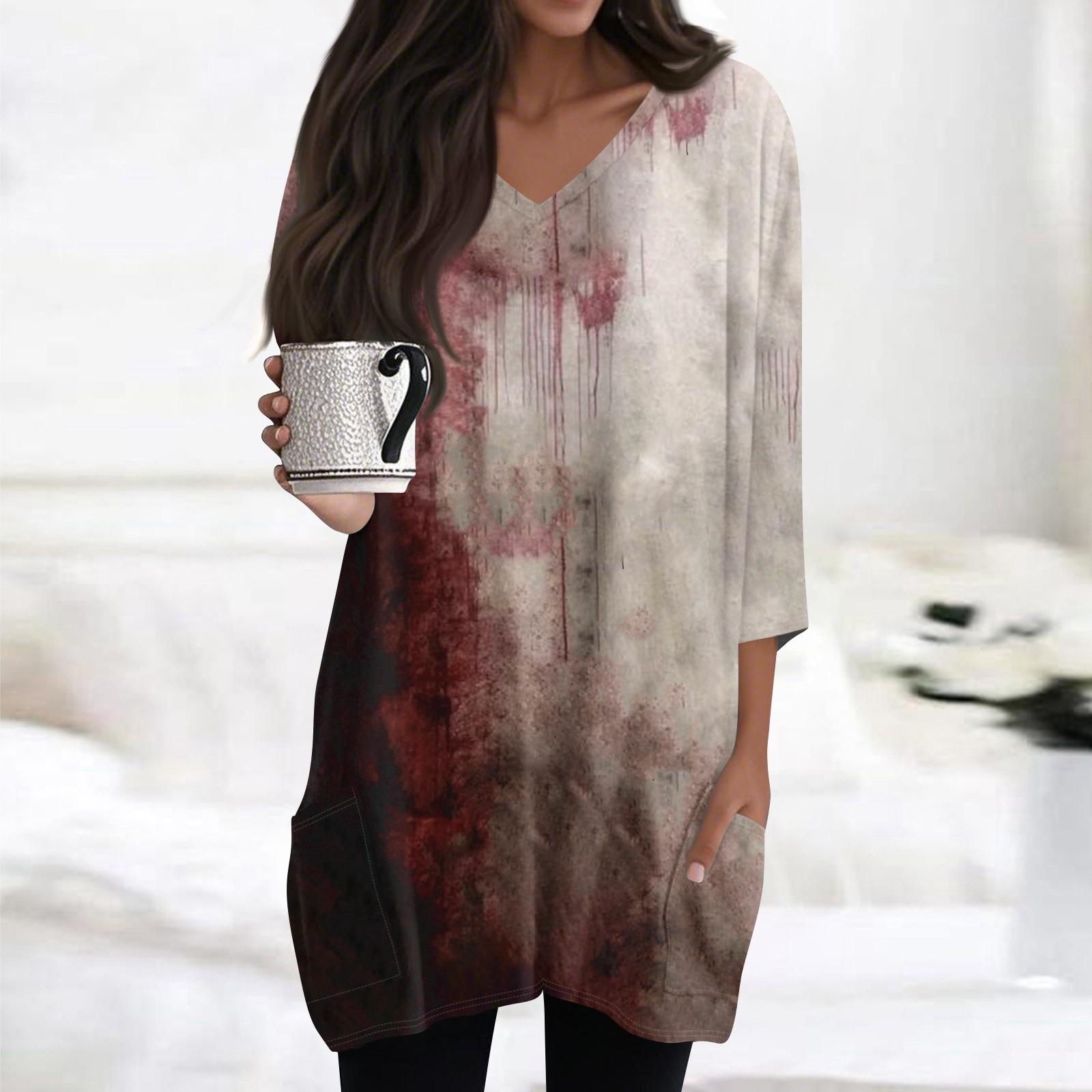 

Женская модная повседневная футболка с принтом на Хэллоуин, V-образным вырезом, средней длины, с карманом, рукавом 3/4 L